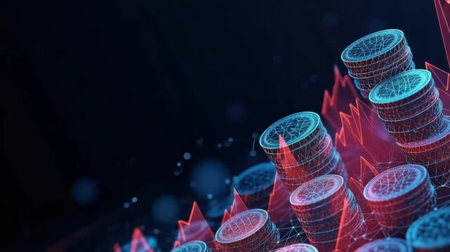 Crypto coin stacks with glowing red chart line and blue digital grid, futuristic financial technology, digital currency concept. ..Created with Generative AI, not depicting real subjects.