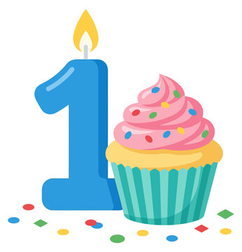 First birthday celebration concept with a blue number one candle and a delicious cupcake with pink frosting and colorful sprinkles, festive party illustration
