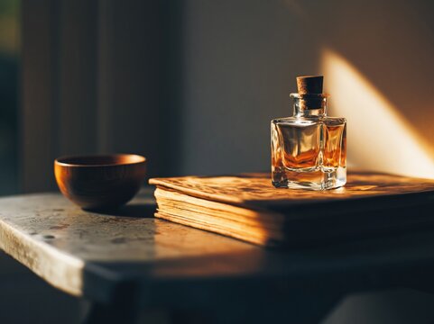 Vintage still life with old book and perfume on wooden table