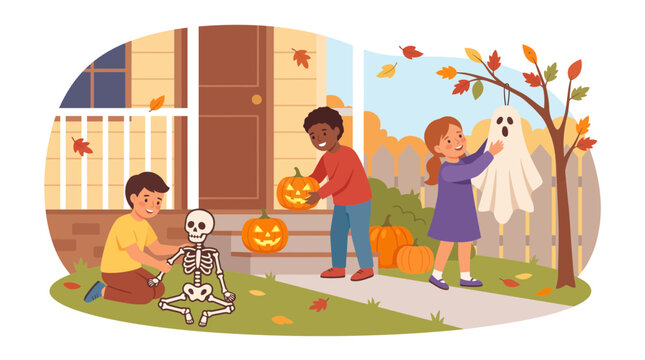 Diverse group of children decorating a house for a fun Halloween celebration.