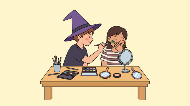 A young boy wearing a wizard hat applying face paint to a girl sitting at a table.