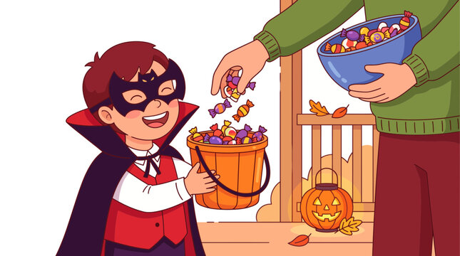 A happy child dressed as a vampire trick or treating for Halloween candy.