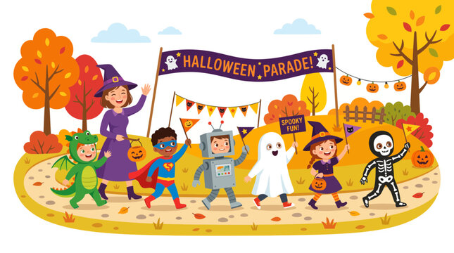 Group of happy children in various costumes walking in a festive Halloween parade outdoors.