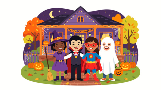 Happy children in Halloween costumes standing in front of a decorated house.