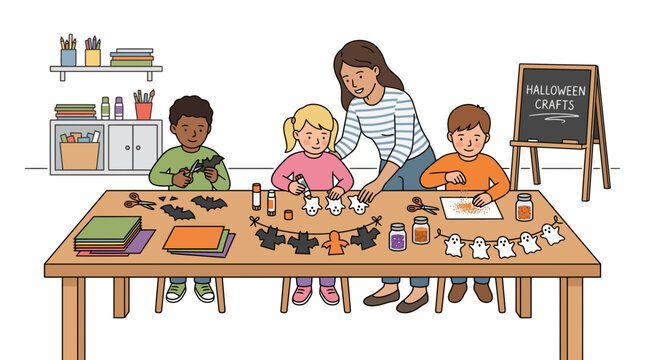 Teacher and diverse children making Halloween crafts together in a classroom setting.