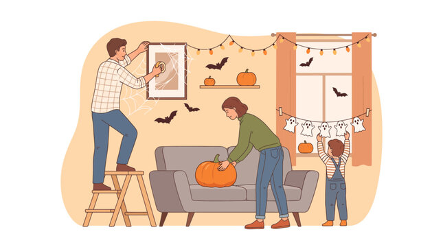 Happy family decorating their living room for the upcoming Halloween holiday celebration together.