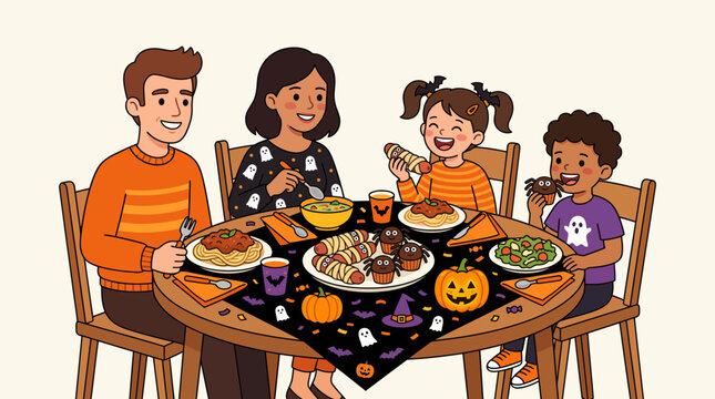 Happy family enjoying a festive Halloween dinner together at the dining table.