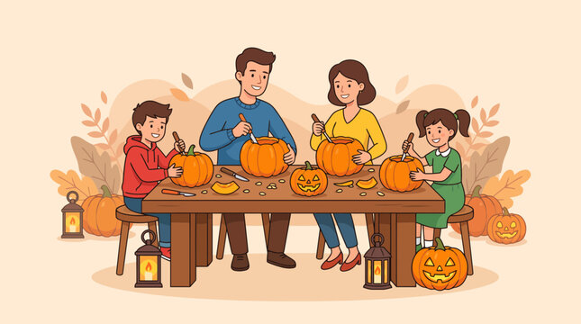 Happy family sitting together at a table carving pumpkins for the Halloween holiday season.