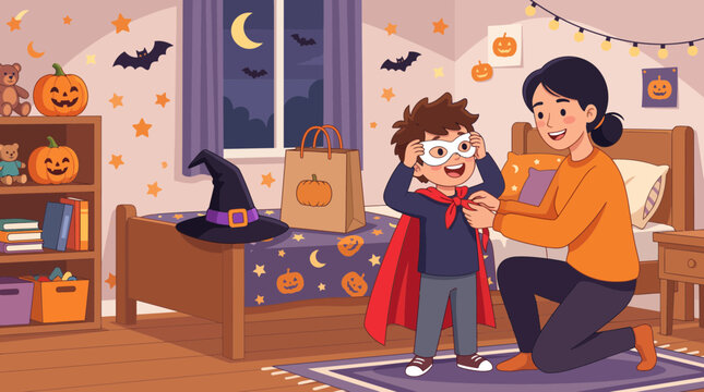 A mother helping her young son put on a superhero costume for Halloween in a decorated bedroom.