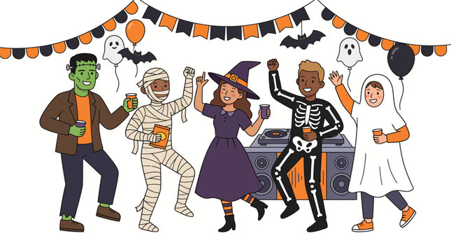 Group of diverse children in Halloween costumes dancing at a party with decorations.