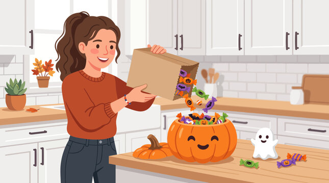 Young woman pouring halloween candy into a carved pumpkin bowl in a kitchen.