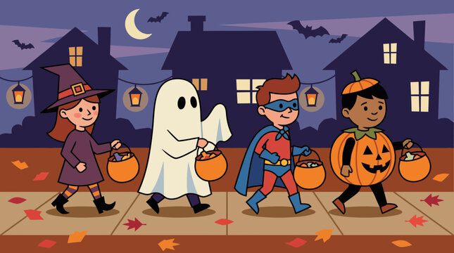 Group of children in Halloween costumes walking down the street at night.