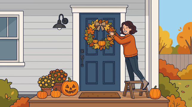A happy woman decorating her front door with an autumn wreath for the fall season.