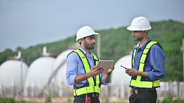 Engineers wearing safety gear, including hard hats examining survey a large blueprint tablet standing industrial facility gas or oil refinery engaged in a job requires high safety standards concept.	