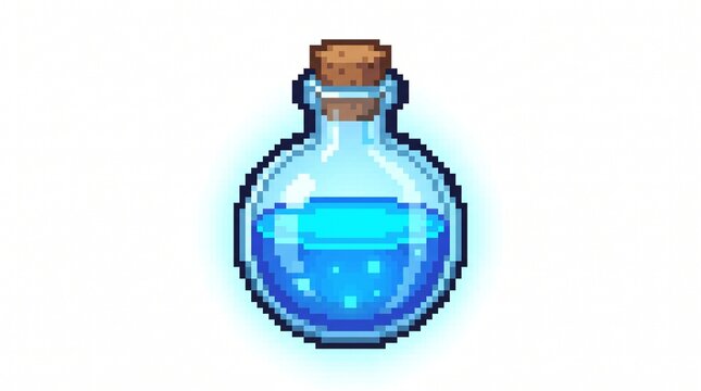 8-bit pixel art of a glowing blue mana potion flask RPG game asset isolated on white.