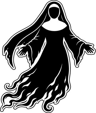 Dark ghostly nun spirit silhouette with flowing robes and ethereal veil perfect for halloween horror designs.