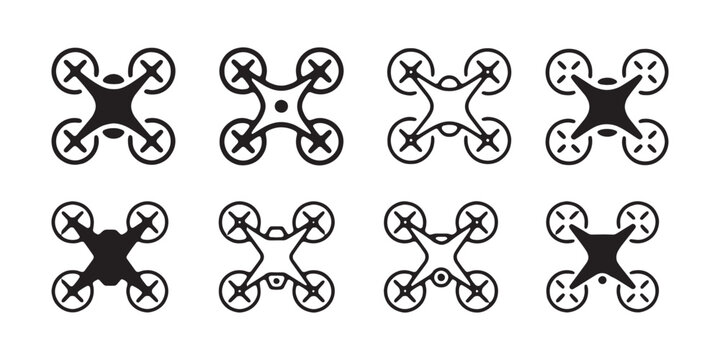 Top view drone icons collection featuring various quadcopter frame designs for app interface use.