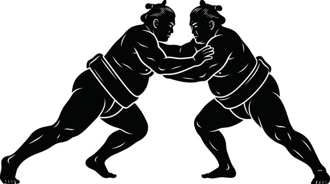 Sumo wrestlers silhouette fighting in black ink style for sports competition banner or martial arts emblem design.