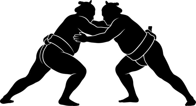 Silhouette of two sumo wrestlers in combat stance for japanese traditional martial arts sports design assets.