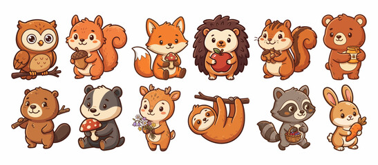 Obraz premium Cute Woodland Animals and Forest Characters, Hand Drawn Vector Illustration Collection