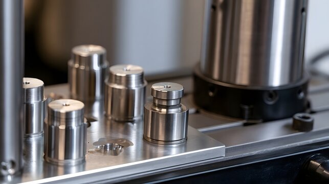 Close up of precision engineered metal components arranged on a metallic work surface with industrial hinery in the background