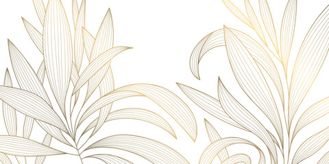 Naklejka premium Luxury abstract botanical pattern, golden line leaves, flowers, tropical foliage, art deco style Japanese design. Vector illustration organic texture, vintage decorative ornament, textile print