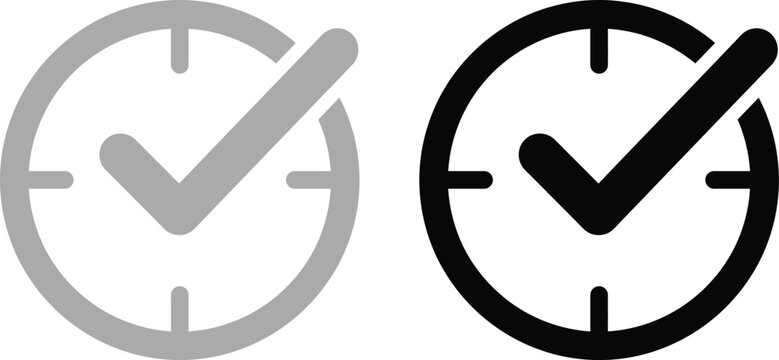 Clock checkmark icon set for time management and deadline completion symbols.