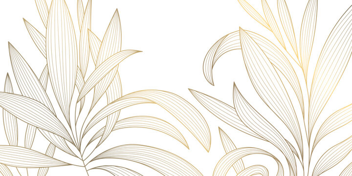 Luxury abstract botanical pattern, golden line leaves, flowers, tropical foliage, art deco style Japanese design. Vector illustration organic texture, vintage decorative ornament, textile print