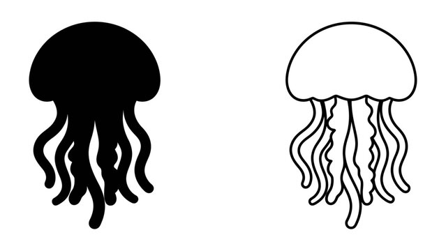 Jellyfish Silhouette and Outline: Two stylized jellyfish, one solid black silhouette and the other a white outline, showcase the iconic form of these marine creatures.