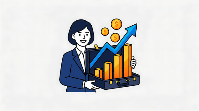 A clean flat vector illustration of a professional businesswoman holding an open briefcase containing a rising growth chart bar, upward arrow, and dollar coins.