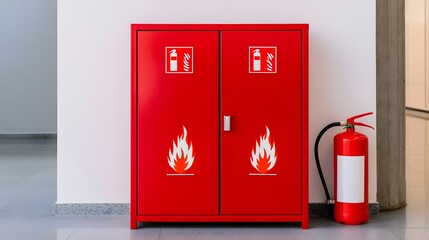 Naklejka premium Red fire safety cabinet with flame symbols and a portable extinguisher standing beside it in a clean indoor space