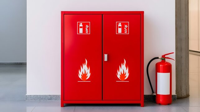 Red fire safety cabinet with flame symbols and a portable extinguisher standing beside it in a clean indoor space