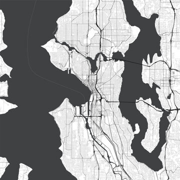 Minimal vector city map of Seattle with streets, parks and waterways