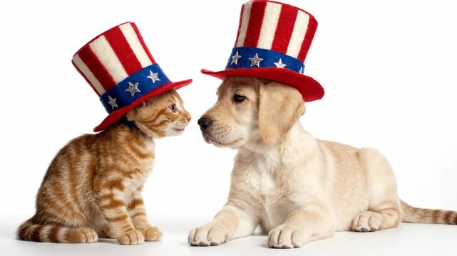 Patriotic puppy and kitten wearing uncle sam hats on white background