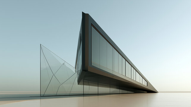 Modern Minimalist Architecture Building with Cantilevered Dark Facade and Glass Triangular Structure Against Clear Sky