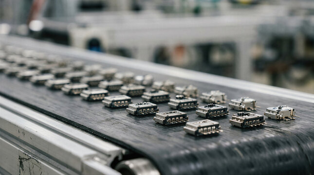 Electronic connector component on conveyor belt in factory. Automated manufacturing and mass production line. Industrial electronics assembly and technology engineering concept