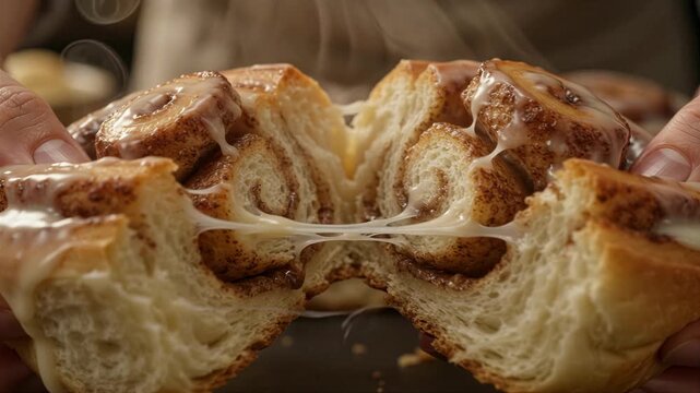 Cinnamon roll pastry bread pull apart icing dessert sweet bakery shows hands separating a glazed spiral bun for menu promotion with food branding and commercial campaigns about fresh cuisine