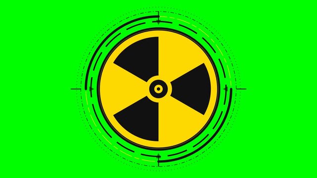 Yellow and black radiation hazard symbol on green