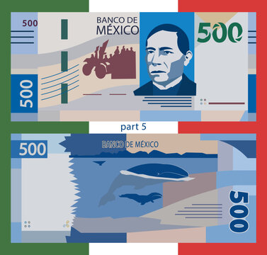 Vector banknote, obverse and reverse. Cartoon United Mexican States note. 500 pesos. Game money of Mexico. Flat style. Denomination five hundred. Finance and business. Play bill. Part 5