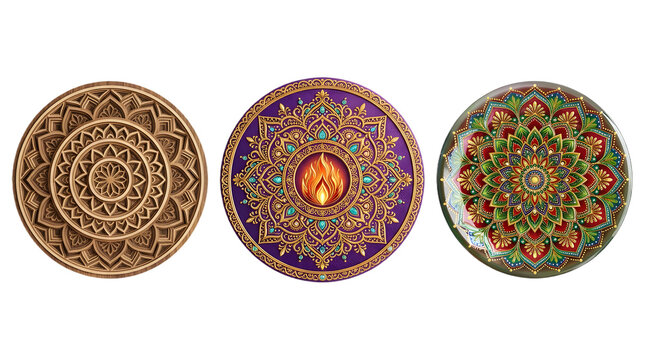 Three decorative circular mandala art pieces with intricate patterns isolated on transparent background