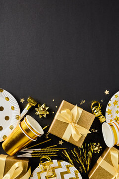 Golden birthday party decor bottom border vertical black background