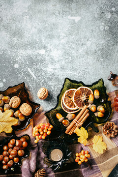 Autumn bottom border with leaf glass dishes and scarf vertical