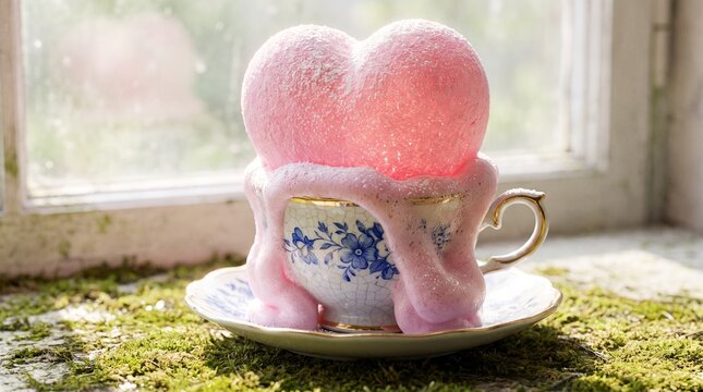 Heart-shaped foam on a vintage teacup by the window  
