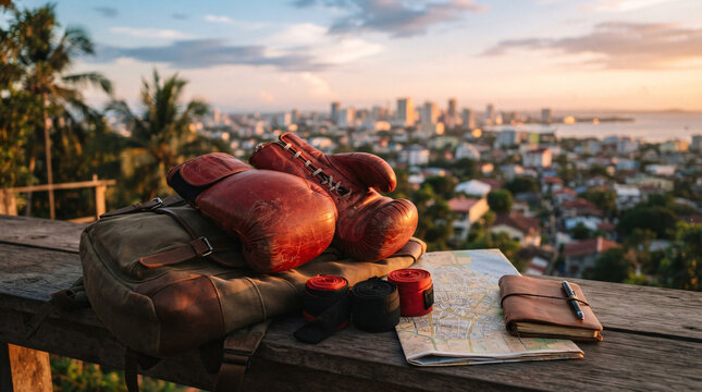  Vintage boxing gloves, backpack, hand wraps, map and travel notebook arranged at a scenic city overlook during sunset.