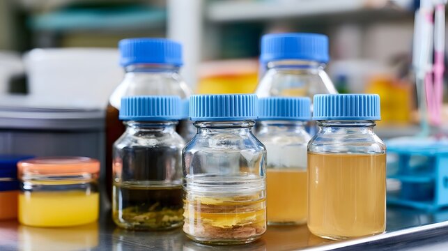 Several glass bottles with blue caps contain various liquid samples on a lab bench  some with sediment layers visible