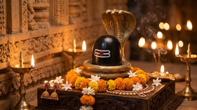Decorated Shivling with Sheshnag Cobra and Marigold Flowers for Sawan Somvar Pooja 