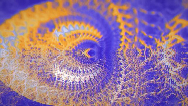 Marble-like branching veins race through blue color, folding into a tunnel of symmetry and a seamless loop with dark grain.