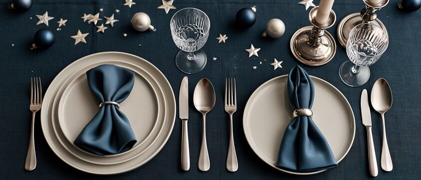 Luxury holiday dining concept shot from above navy linen, cream plates, folded satin napkins, crystal glassware, silver cutlery, star confetti, and ornaments. Perfect for festive event and.