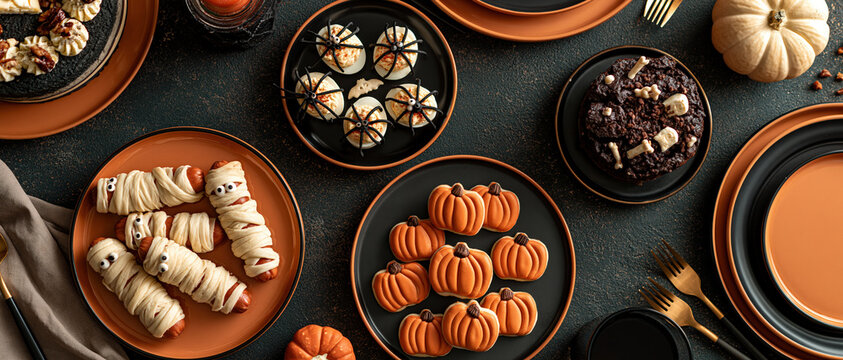 Festive overhead flat lay perfect for seasonal entertaining content pumpkin cookies, spider deviled eggs, mummy hot dogs, and brownie graveyard on black and orange plates.