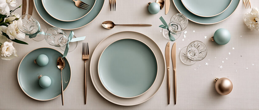 Overhead flat lay of a luxury holiday dining table styled with sage mint ceramic plates, rose gold cutlery, crystal glasses, ornament baubles, and white florals. Perfect for festive.